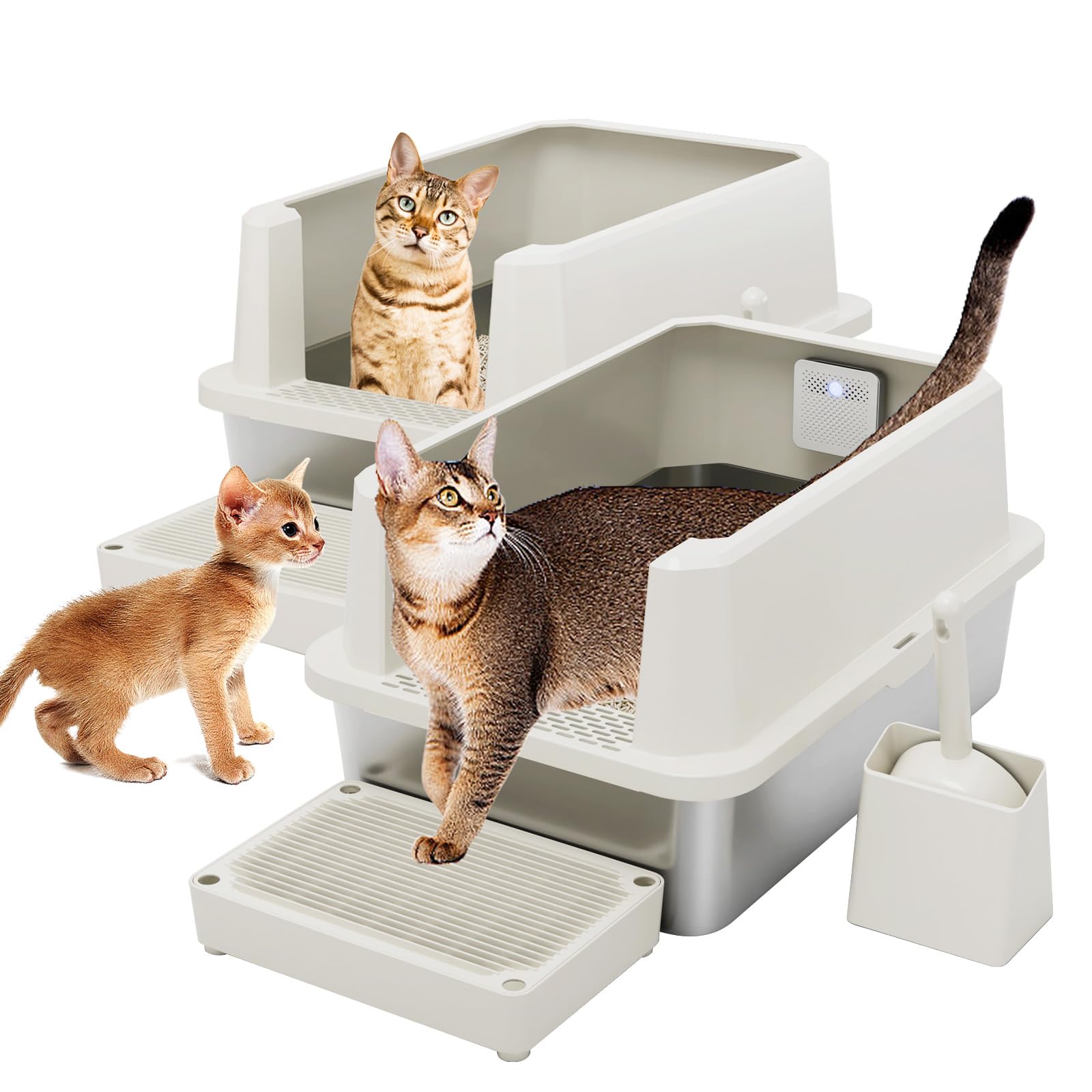 RIZZARI bac-litière en inox beige, design ouvert, accès facile pour tous les chats.