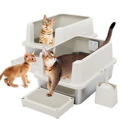RIZZARI bac-litière en inox beige, design ouvert, accès facile pour tous les chats.