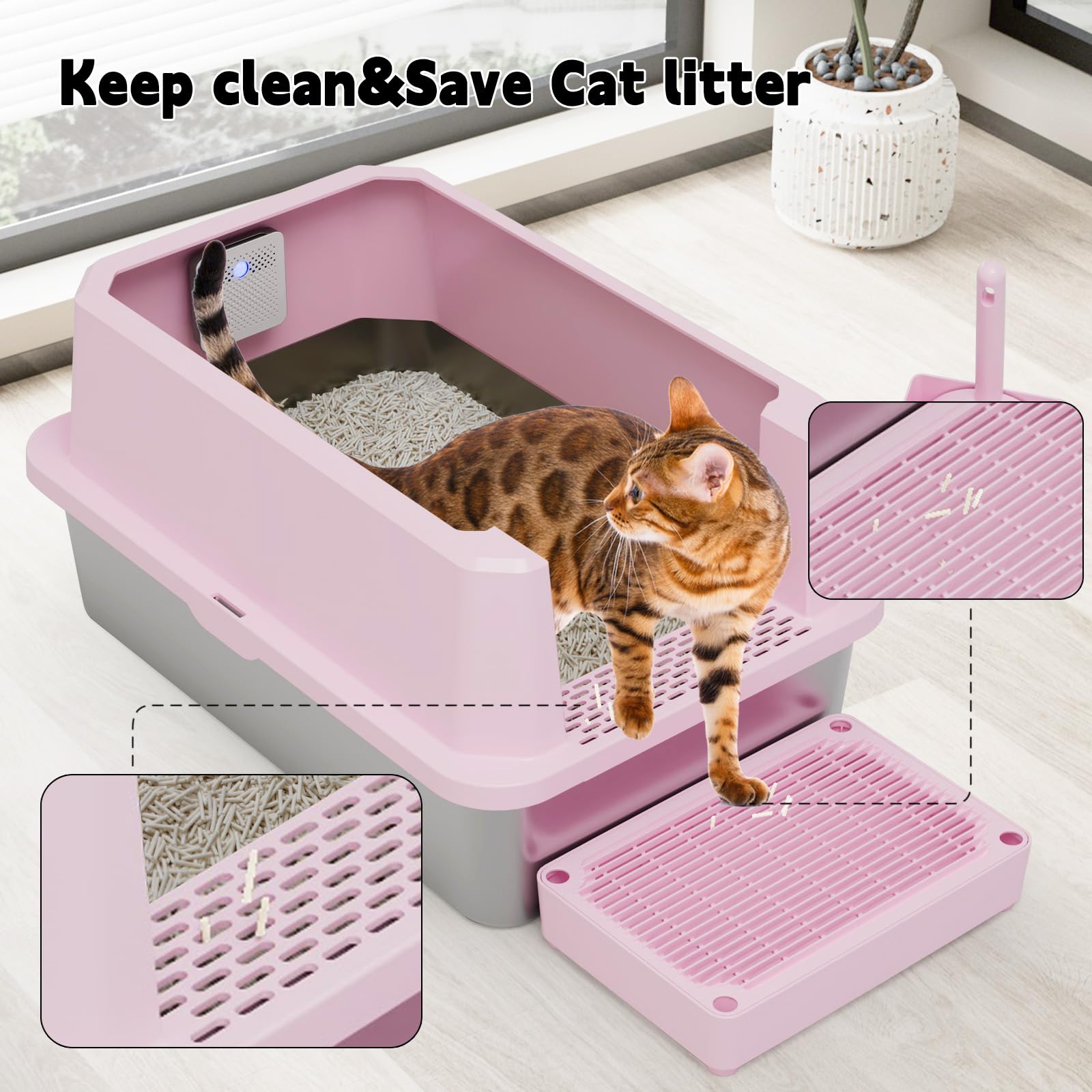 Nettoyage facile du bac à litière RIZZARI en inox rose