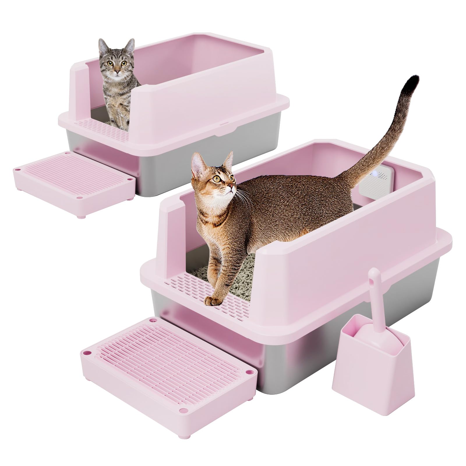 Bac à litière RIZZARI en inox rose ouvert, accès facile pour chats