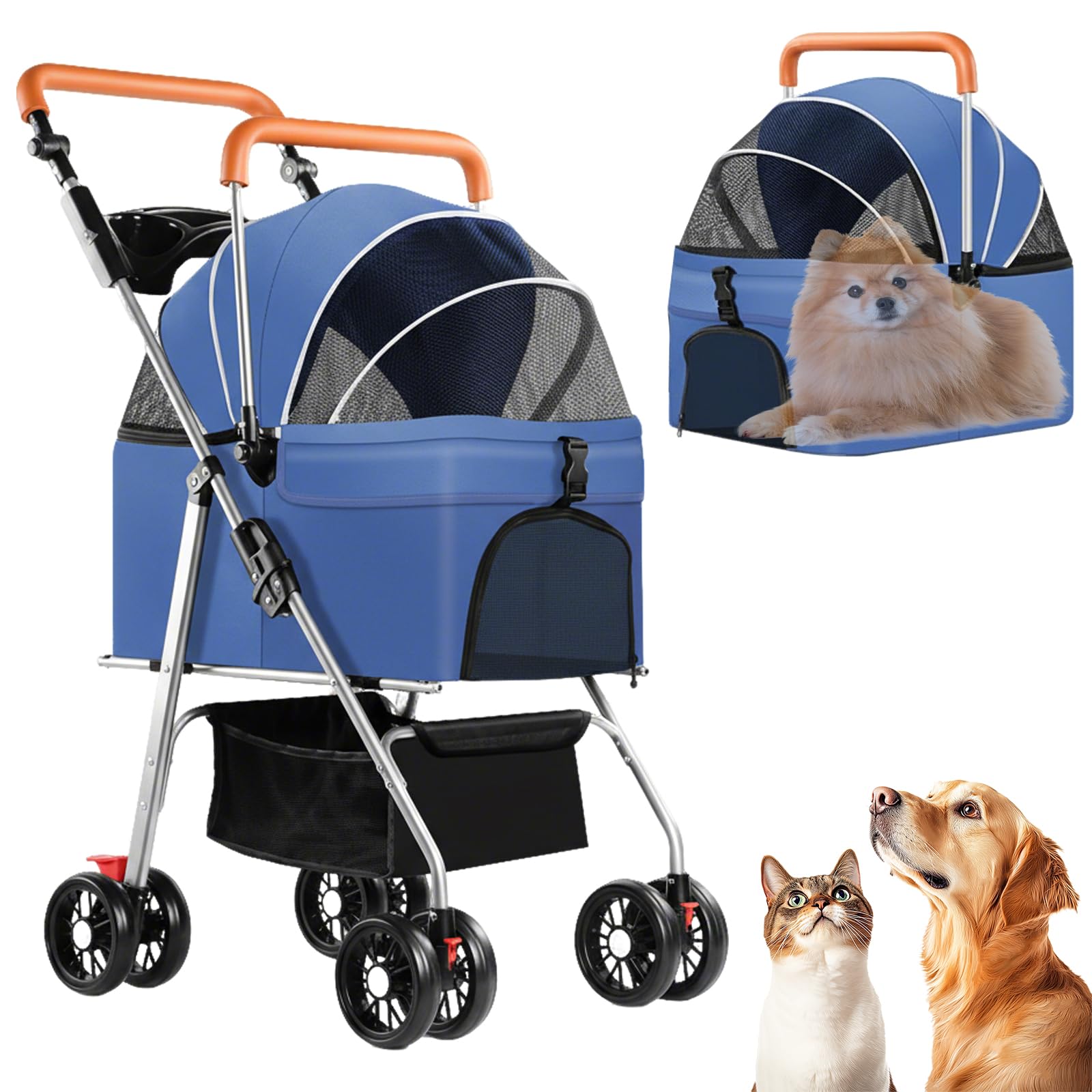 Poussette-chien Rkrouco quadri-roues pliable pour balades quotidiennes.