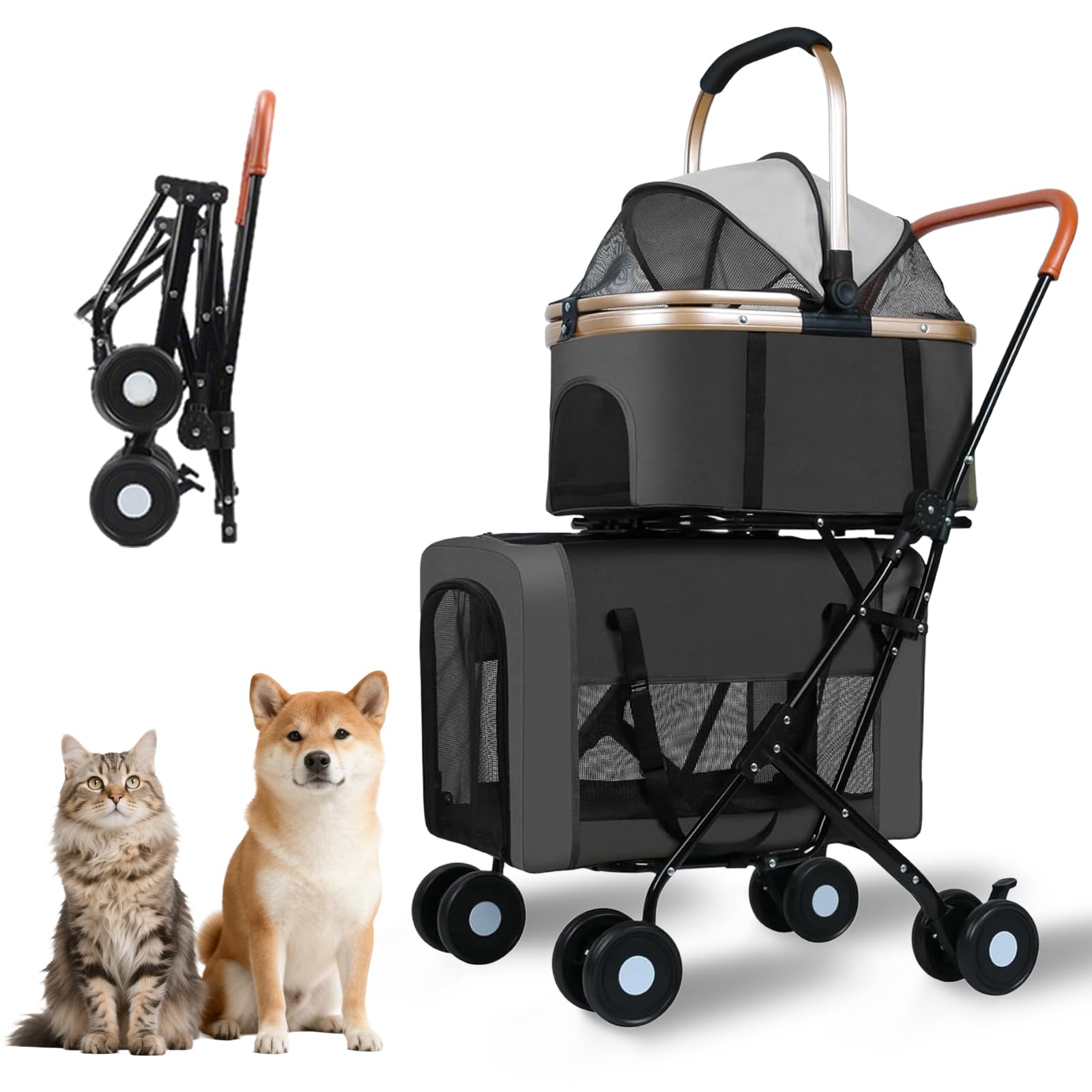 Rkrouco Poussette double animaux ouverture – transport confortable de deux compagnons en promenade