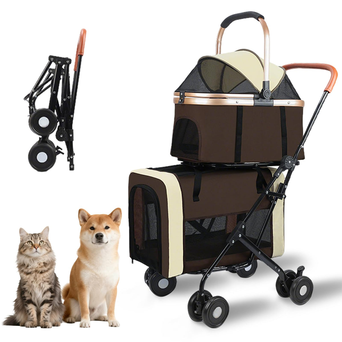 Poussette RKrouco double étage pour chiens et chats, sortie facilitée.