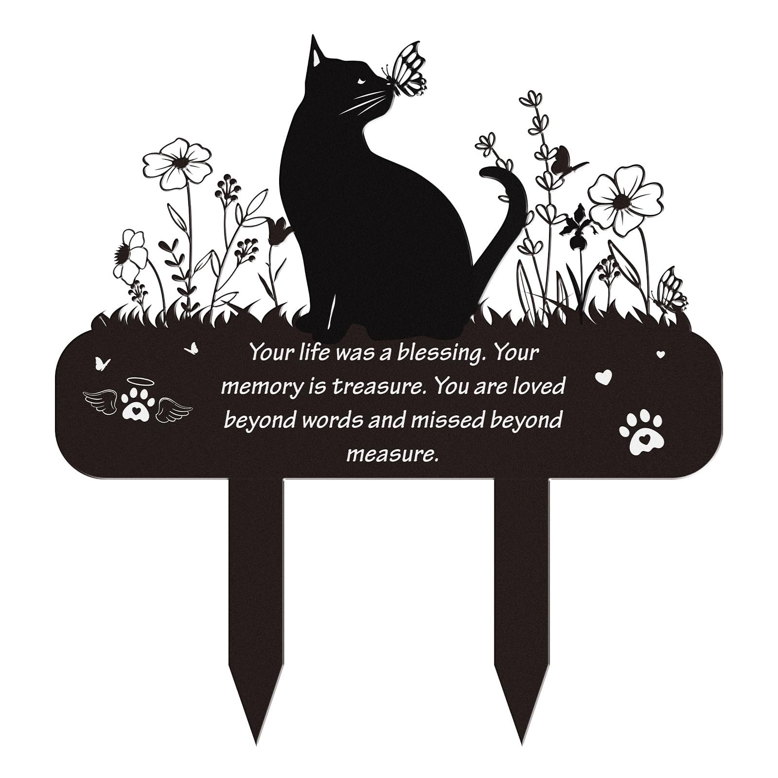 Rngmsi marque-memoire chat fleurs et papillon pour jardin extérieur, souvenir apaisant