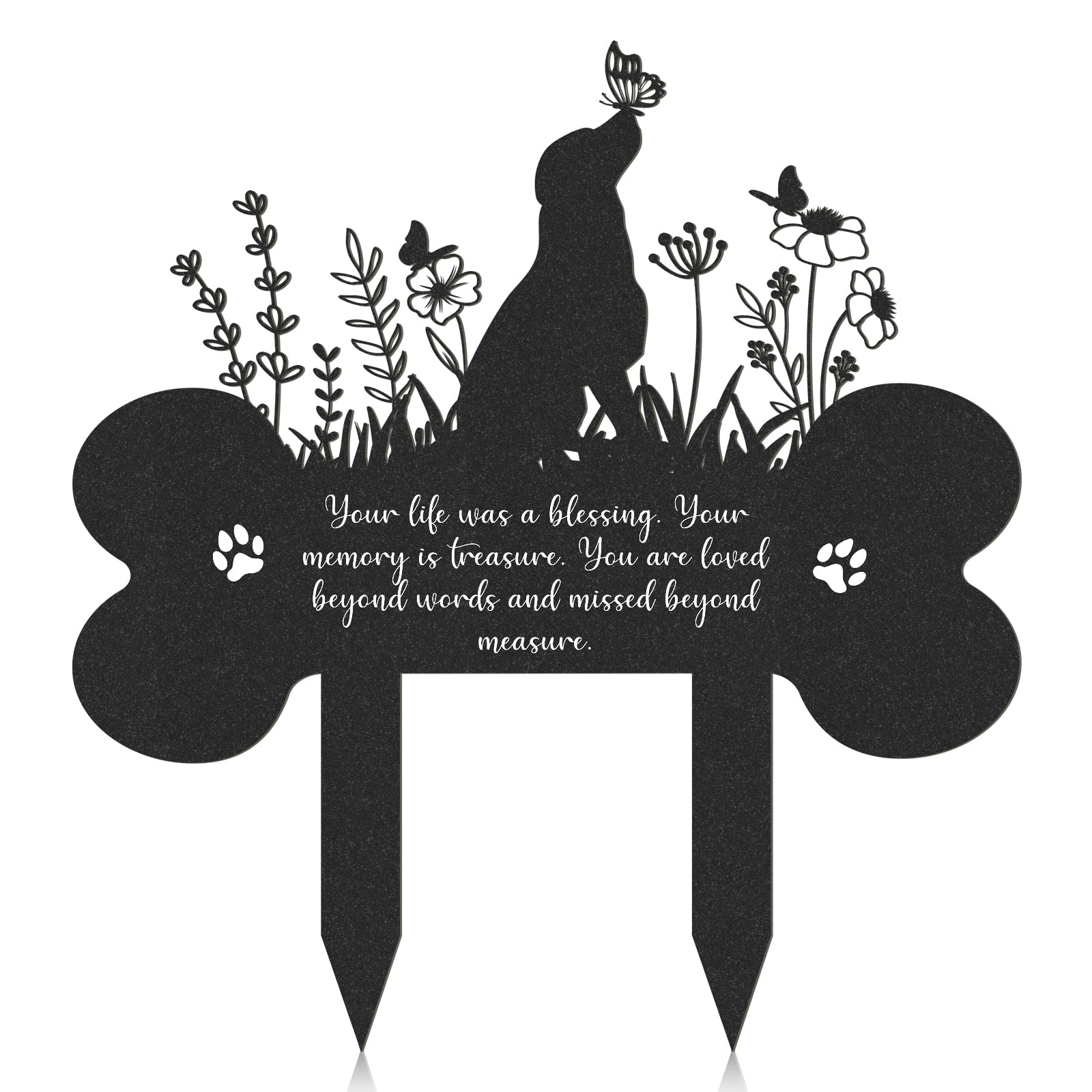 Plaque funéraire pour chien en forme d’os par Rngmsi avec fleurs et papillons, idéal jardin.