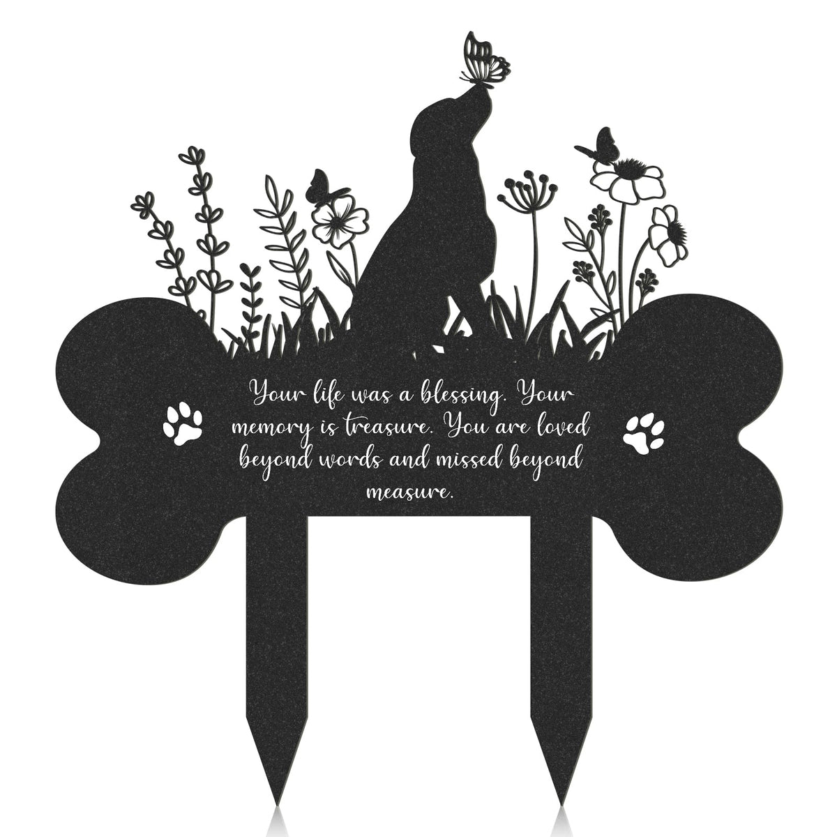 Plaque funéraire pour chien en forme d’os par Rngmsi avec fleurs et papillons, idéal jardin.