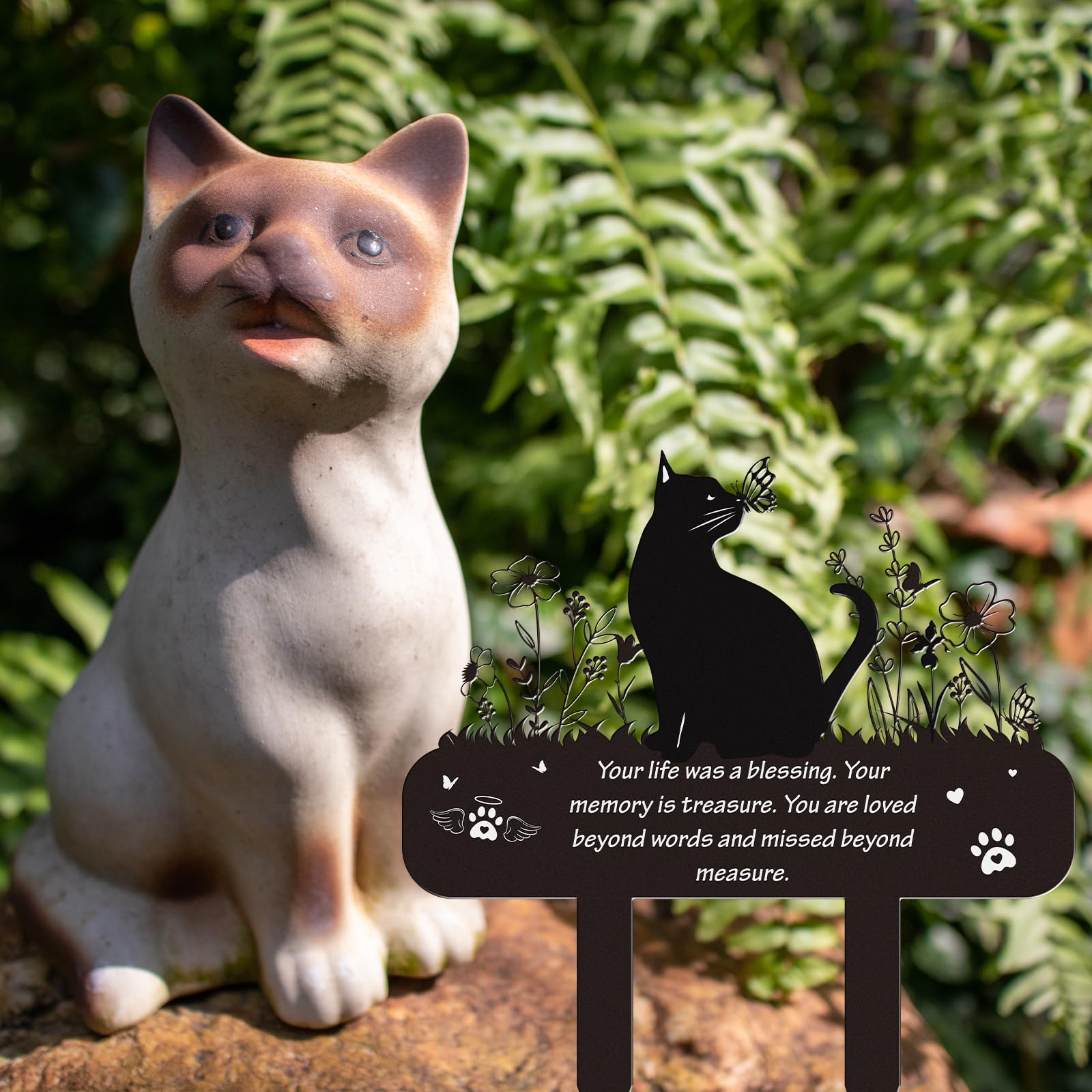 Rngmsi plaque funeraire chat fleurs papillon, decoration elegante pour jardin