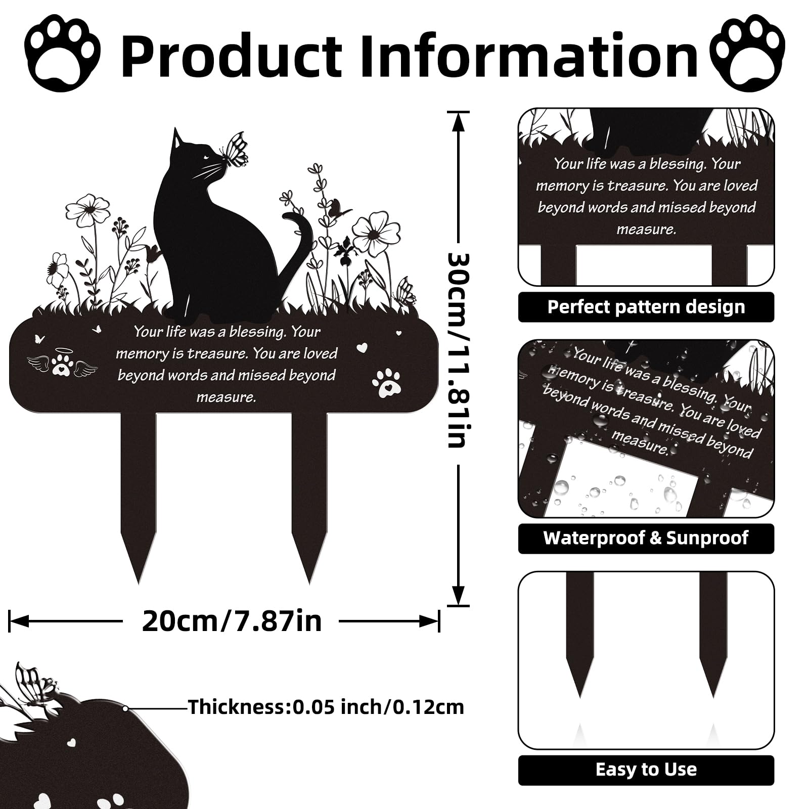 Rngmsi stèle chat fleurs papillon, durable et stable en plein air