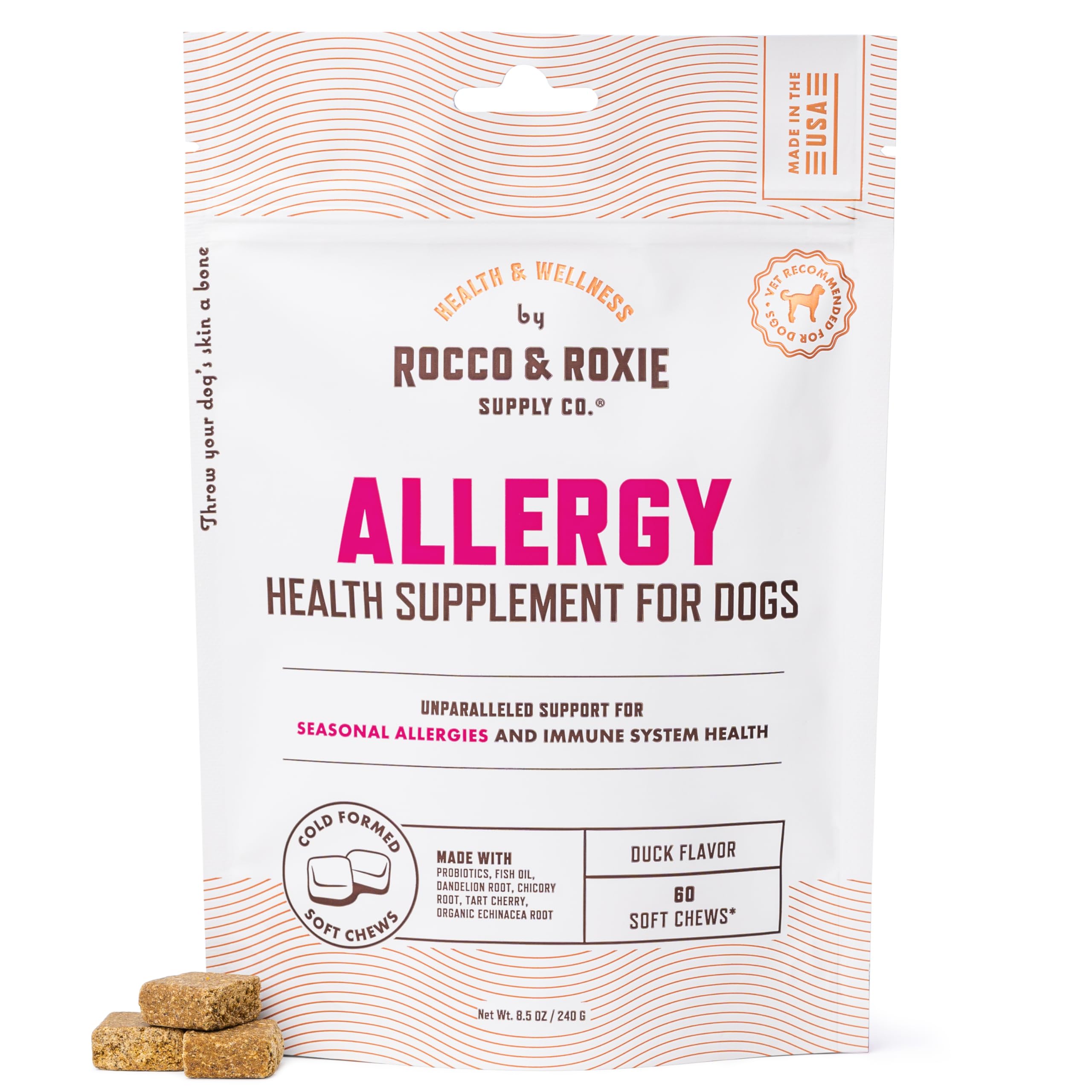 Rocco et Roxie – allergie chien, oméga-3 pour peau et pelage.