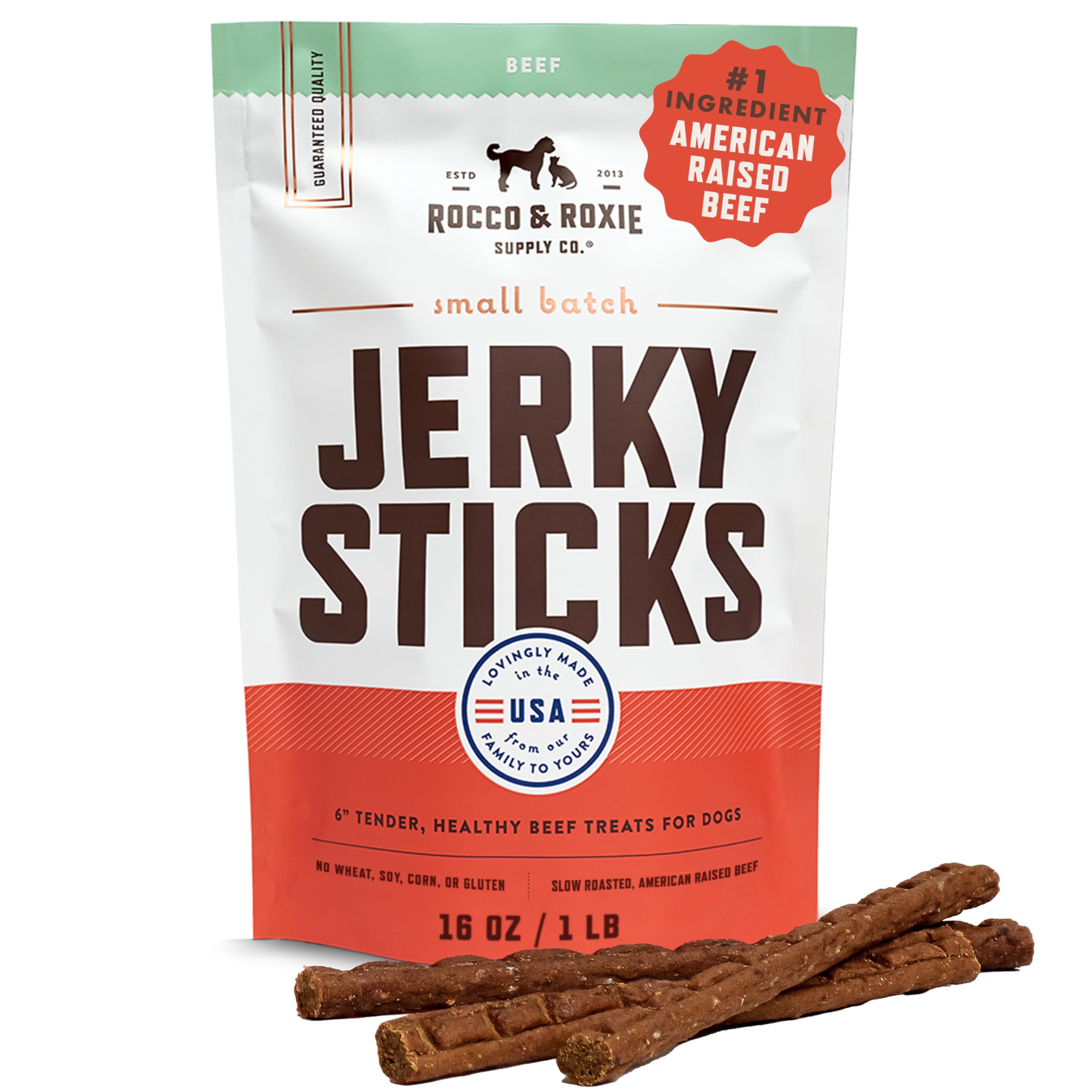 Rocco & Roxie : jerky de bœuf pour chien, texture tendre idéale pour l'entraînement.