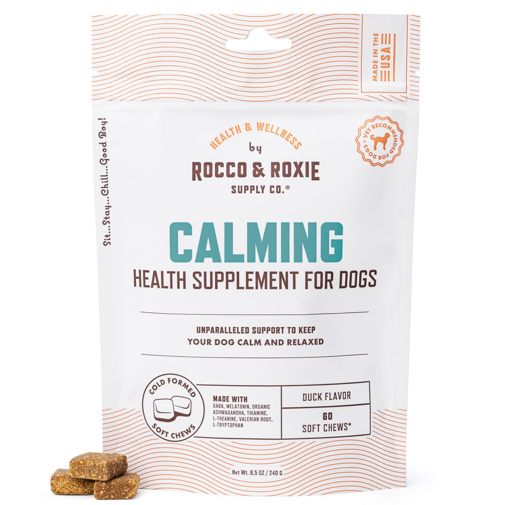 Friandises apaisantes Rocco & Roxie au goût canard en bouteille pour chien, calmes et rassurantes.