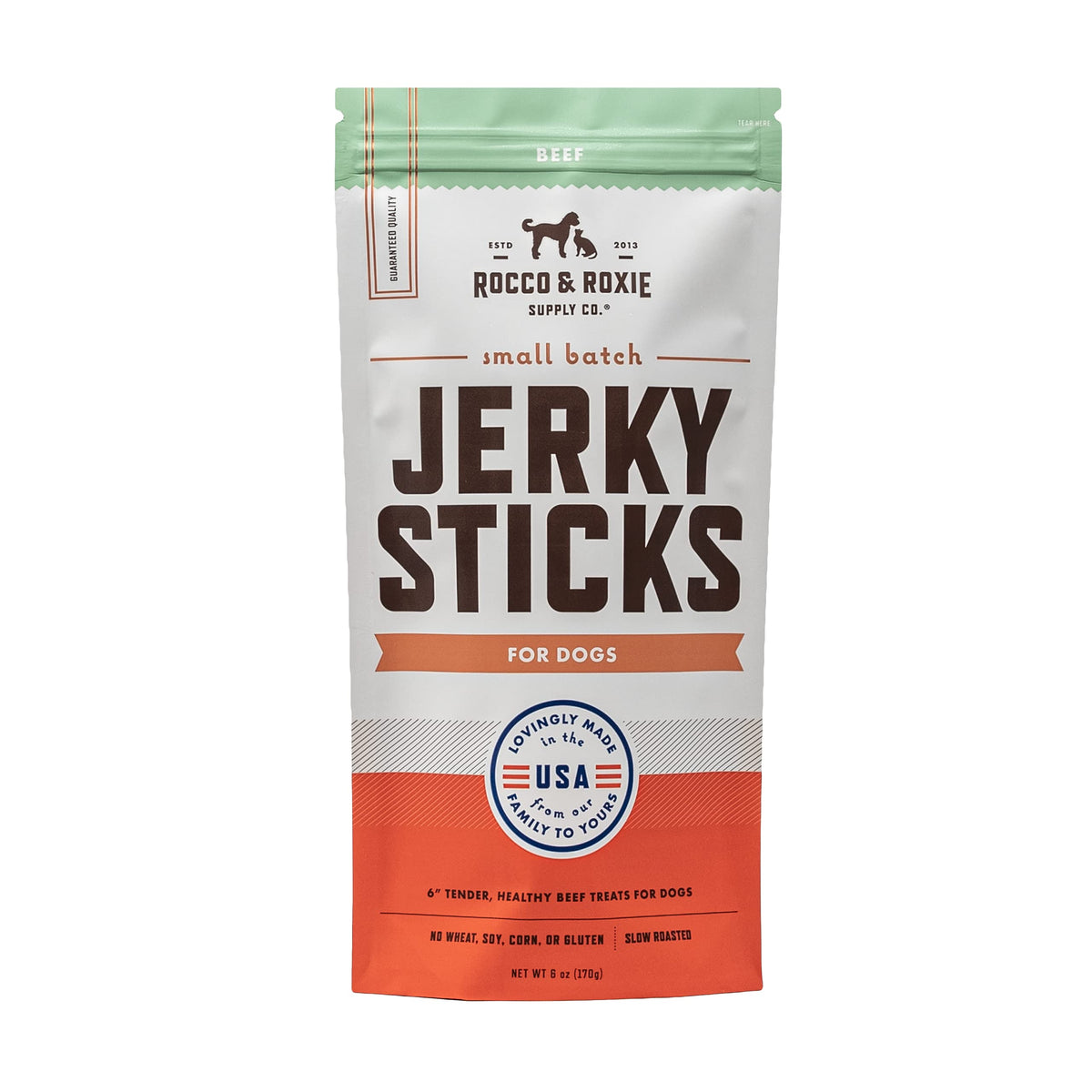 Rocco et Roxie friandises de bœuf séché 170 g, emballage pratique pour l'entraînement.