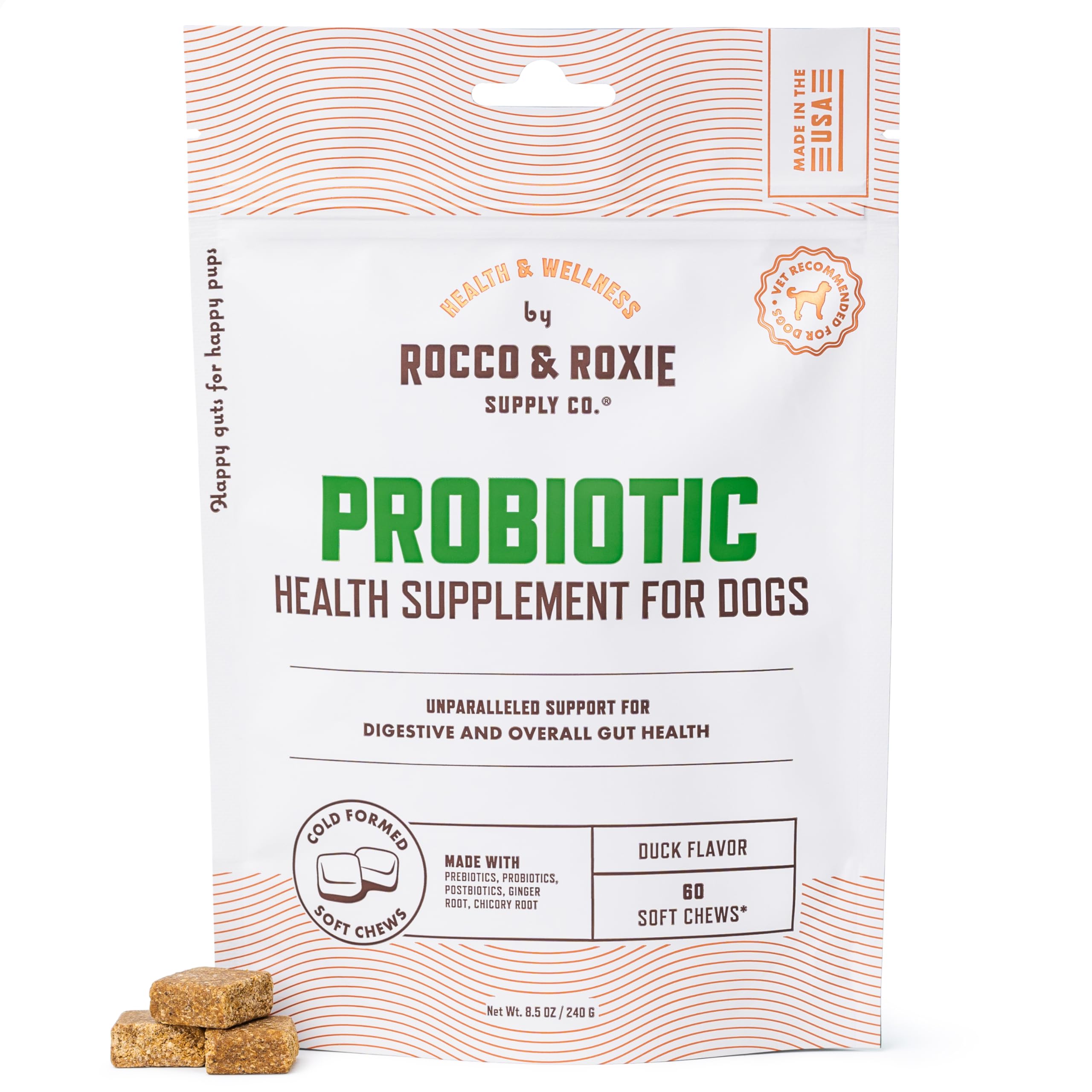 Gommes probiotiques Rocco & Roxie pour chien dans un emballage pratique soutenant la digestion.