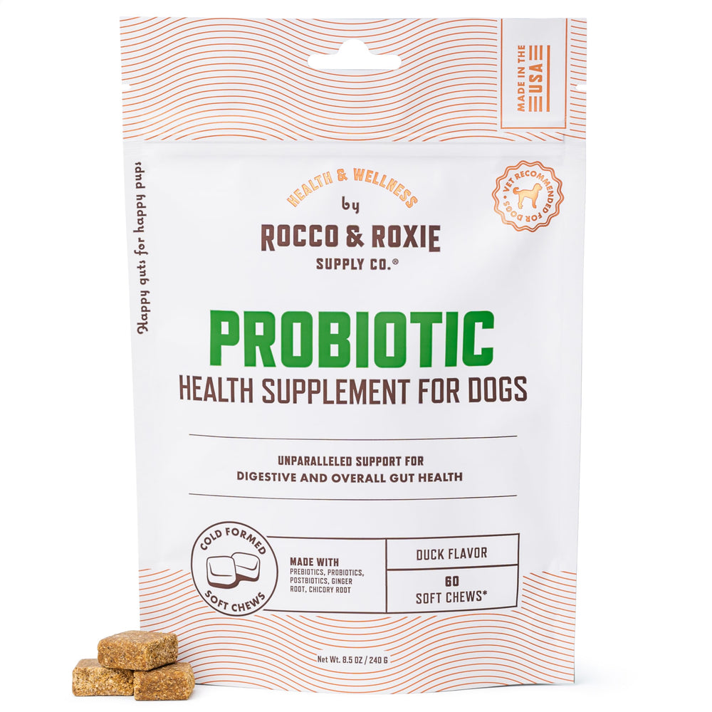 Gommes probiotiques Rocco & Roxie pour chien dans un emballage pratique soutenant la digestion.