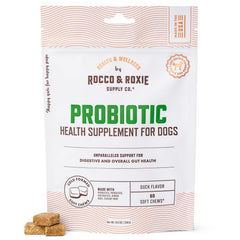 Gommes probiotiques Rocco & Roxie pour chien dans un emballage pratique soutenant la digestion.