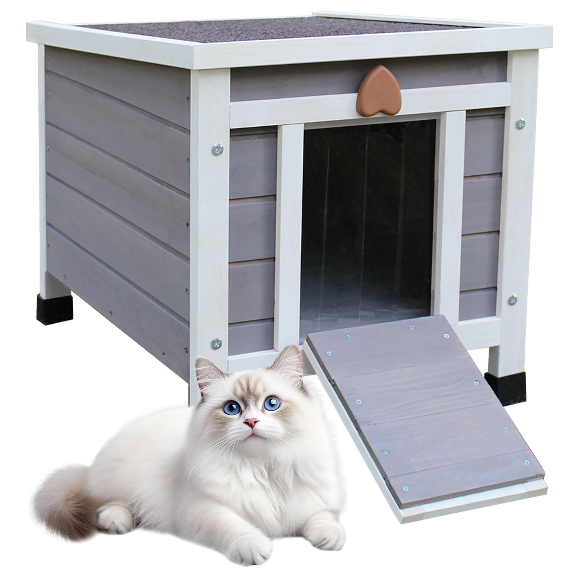 Rockever cabane pour chat extérieur en bois gris, abri durable pour chats et petits animaux.