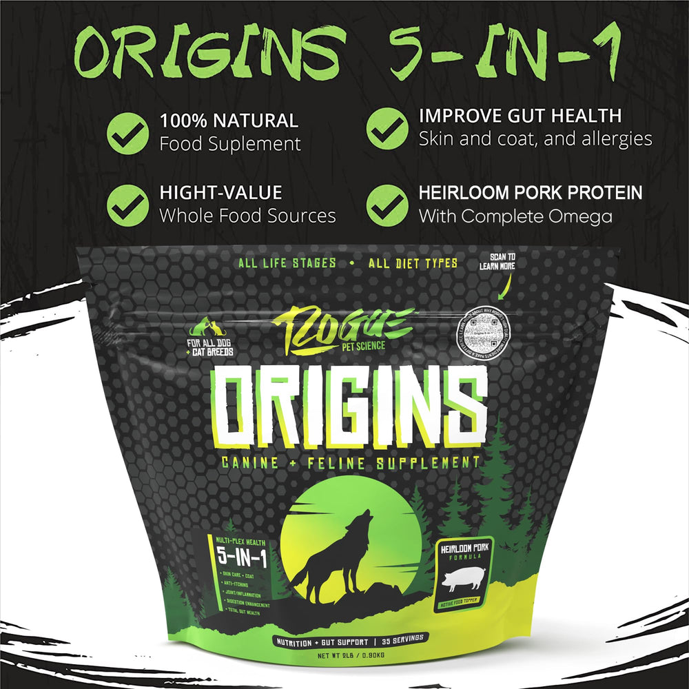 Rogue Pet Science Origins: oméga 3-6-7-9 pour peau et pelage sains.