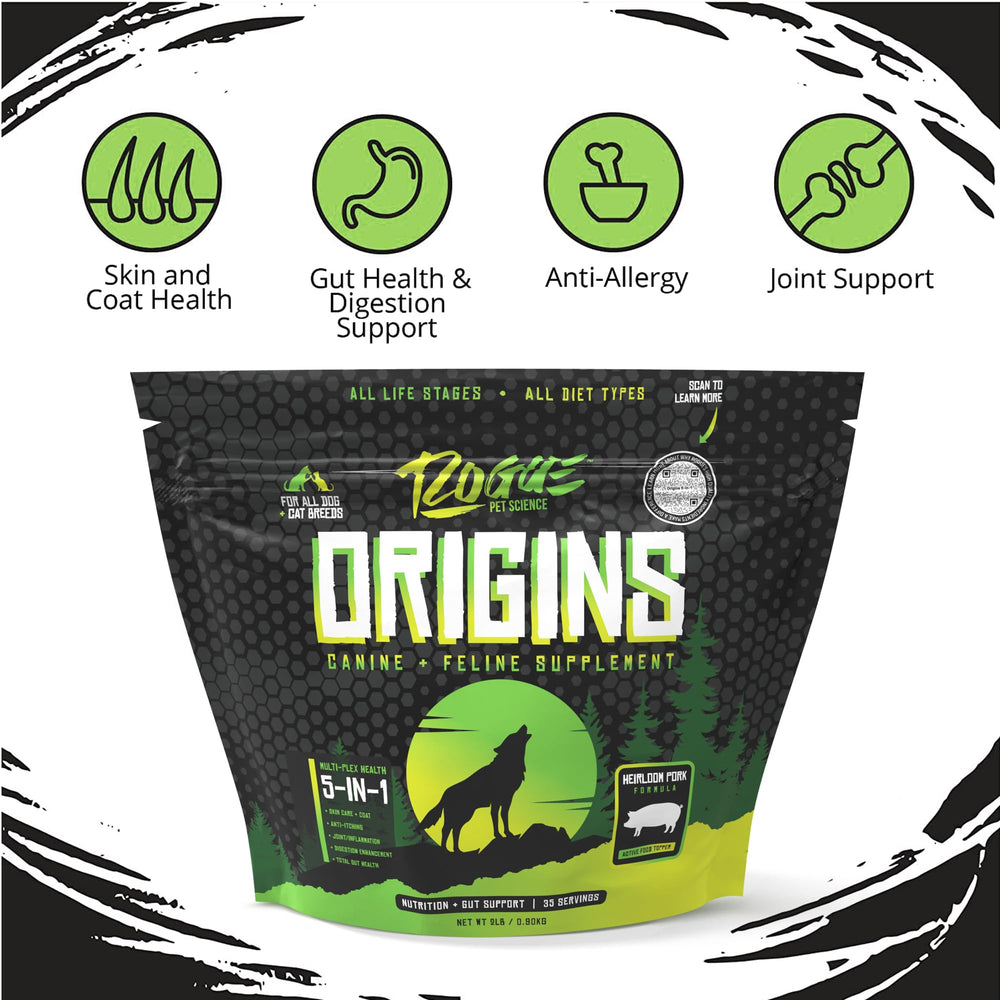 Rogue Pet Science Origins: prébiotiques et probiotiques pour digestion potentiellement plus équilibrée.