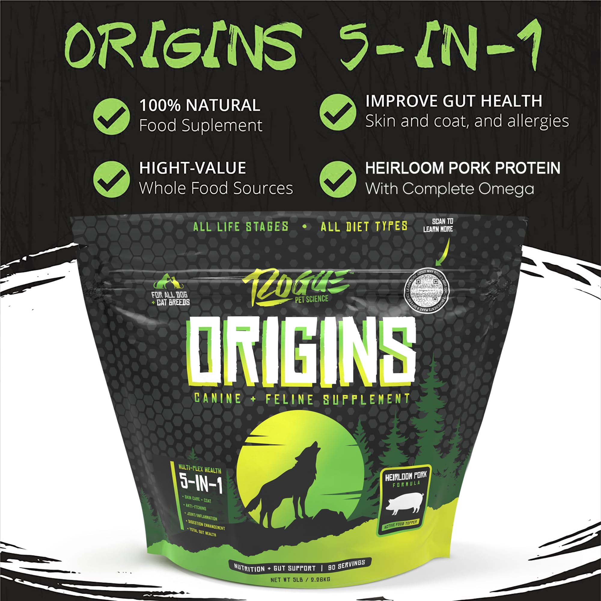 Rogue Pet Science Origines – topper peau et poil, poudre enrichie pour peau saine et pelage brillant.
