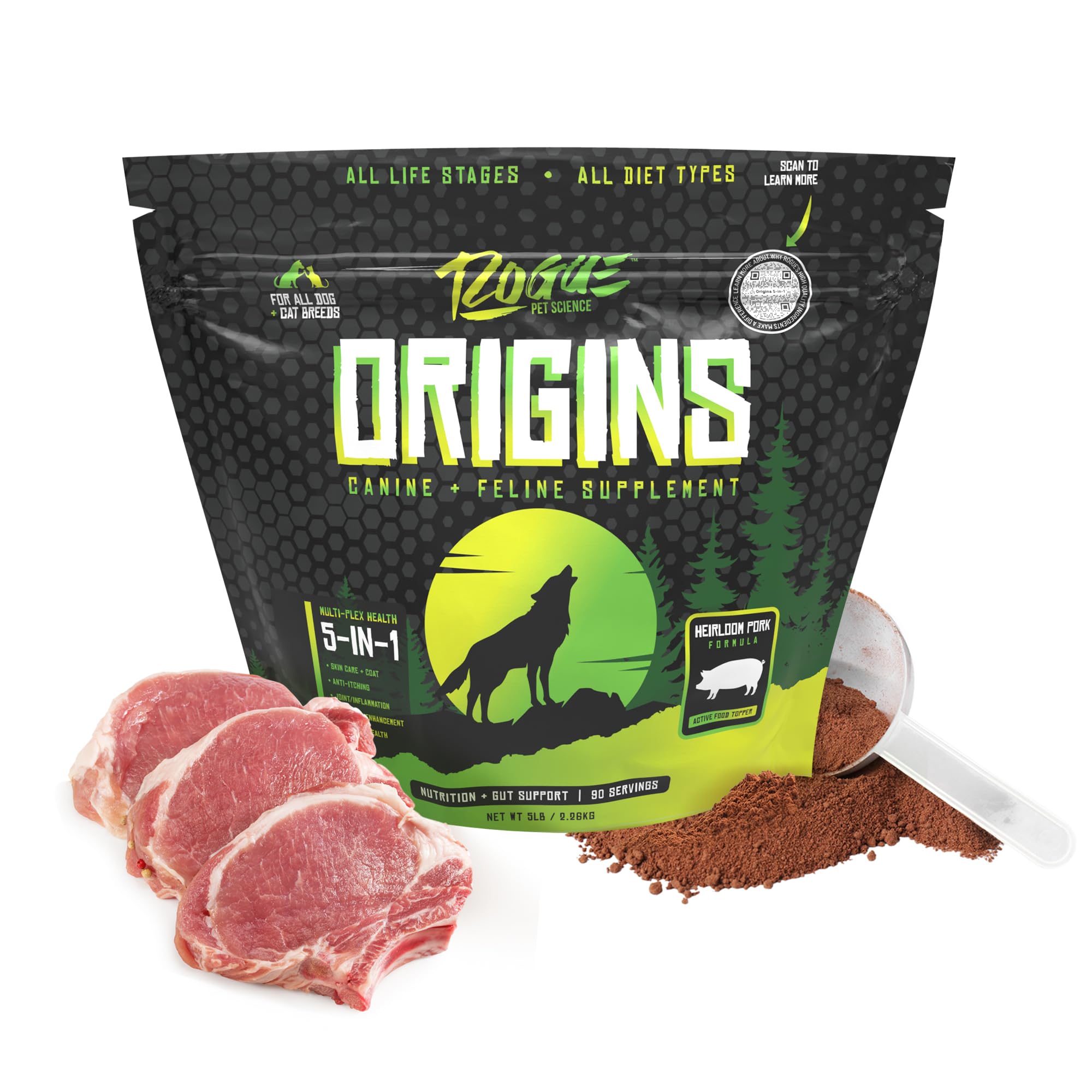Rogue Pet Science Origines – topper poudre porc héritage pour chien, alimentation améliorée.
