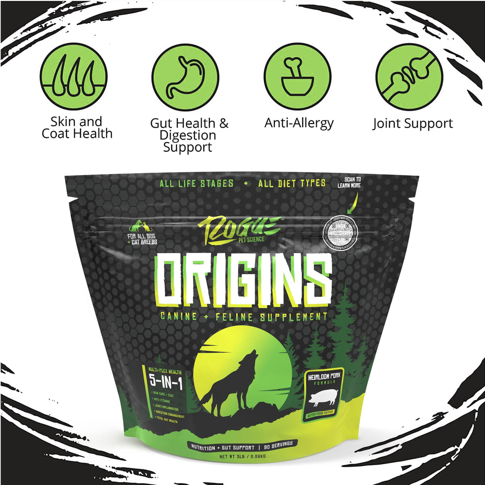 Rogue Pet Science Origines – topper prébiotiques et probiotiques, soutien immunitaire et équilibre intestinal.