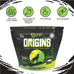 Rogue Pet Science Origines – topper prébiotiques et probiotiques, soutien immunitaire et équilibre intestinal.