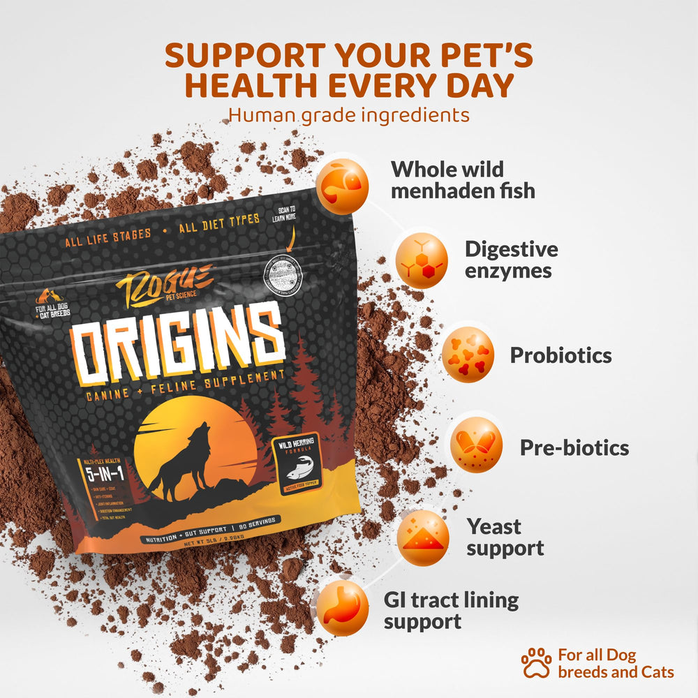 Rogue Pet Science Origins doseur inclus facilite le dosage quotidien.