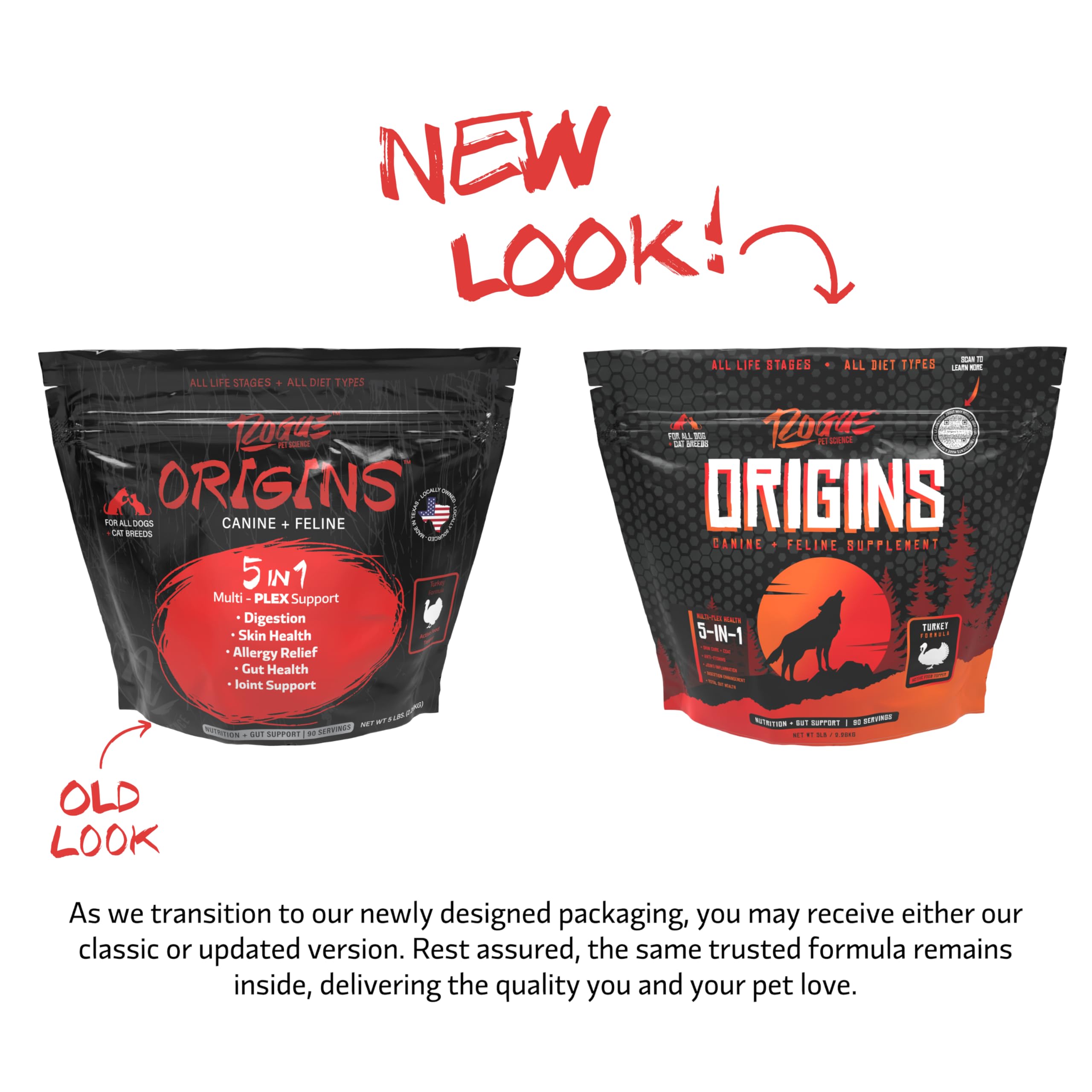 Rogue Pet Science Origins 5-en-1, nutrition avancée avec prébiotiques et probiotiques.