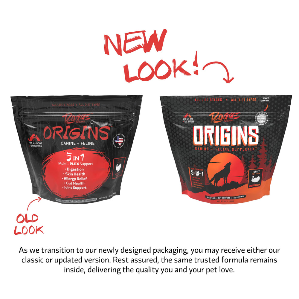 Rogue Pet Science Origins 5-en-1, nutrition avancée avec prébiotiques et probiotiques.
