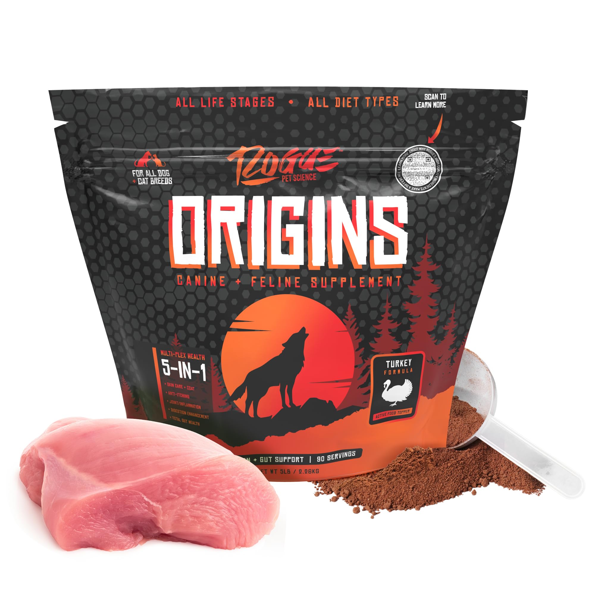 Rogue Pet Science Origins 5-en-1, poudre dinde, soutien digestion et pelage sain du chien.