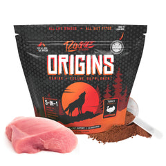 Rogue Pet Science Origins 5-en-1, poudre dinde, soutien digestion et pelage sain du chien.