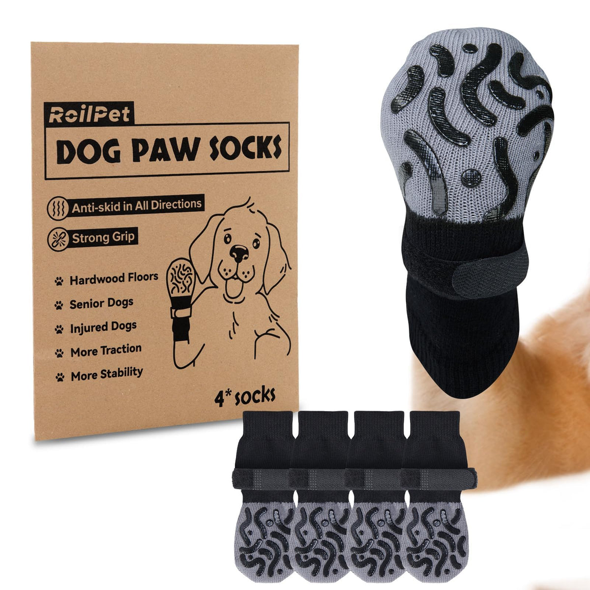 Chaussettes Roilpet anti-glisse sur patte de chien pour meilleure sécurité.