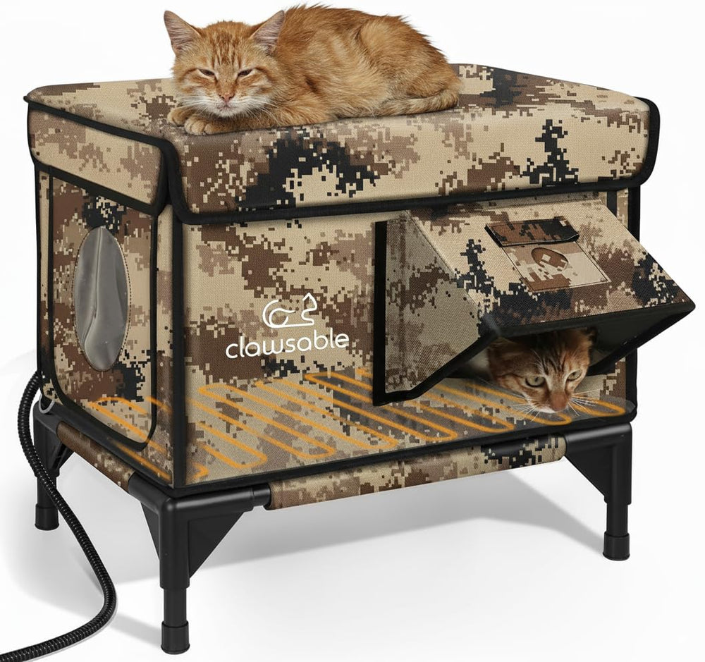 Rolimate, maison chat chauffée, camouflage désert, refuge intérieur contre le froid.
