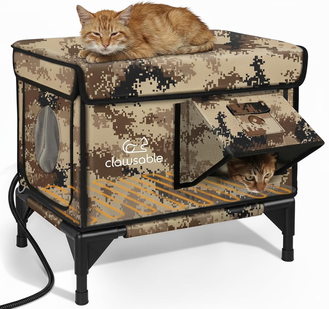 Rolimate, maison chat chauffée, camouflage désert, refuge intérieur contre le froid.
