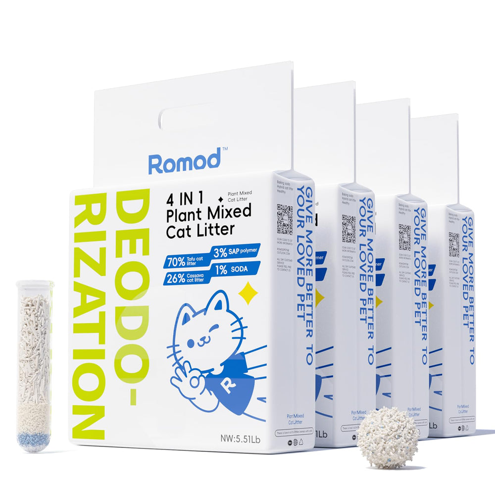 Romod litière tofu 4-en-1: agglomération rapide et nettoyage facilité.
