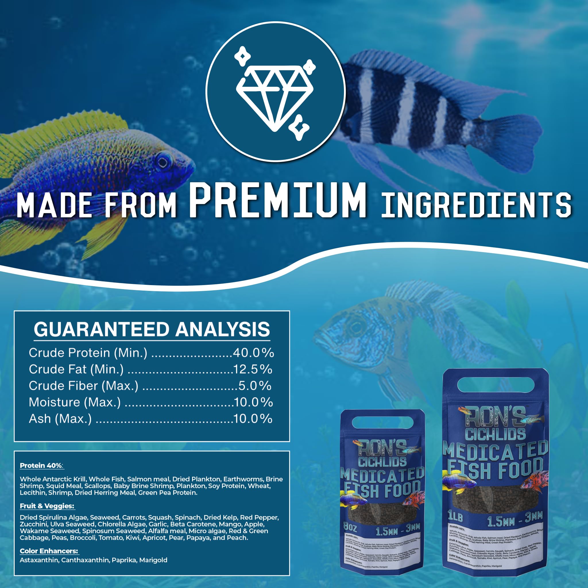 RON'S CICHLIDS granules à descente lente en aquarium, ingestion douce et efficace.