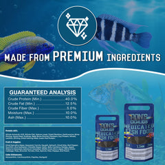 RON'S CICHLIDS granules à descente lente en aquarium, ingestion douce et efficace.