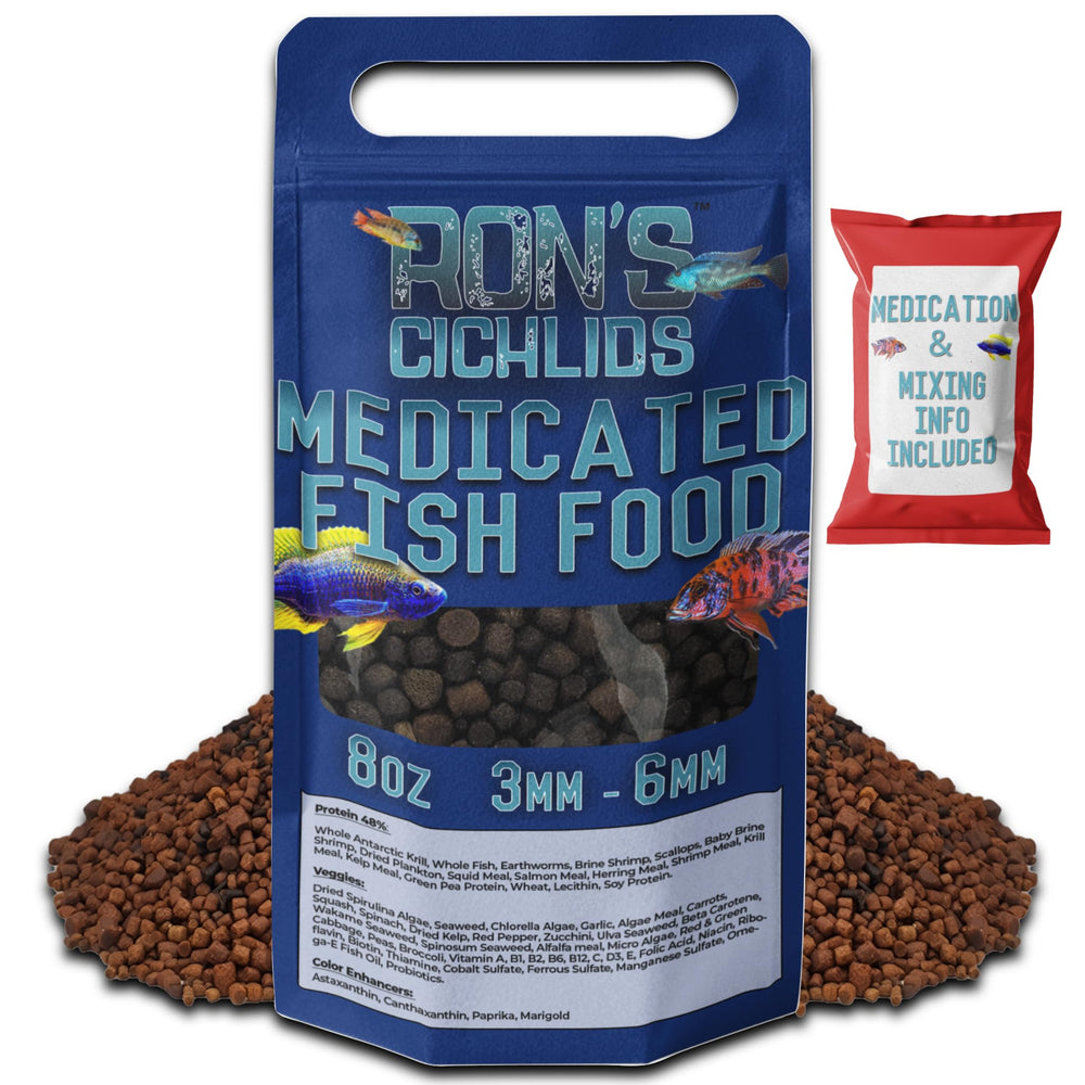 RON'S CICHLIDS granules médicamenteux pour adultes, soutien nutritionnel ciblé.