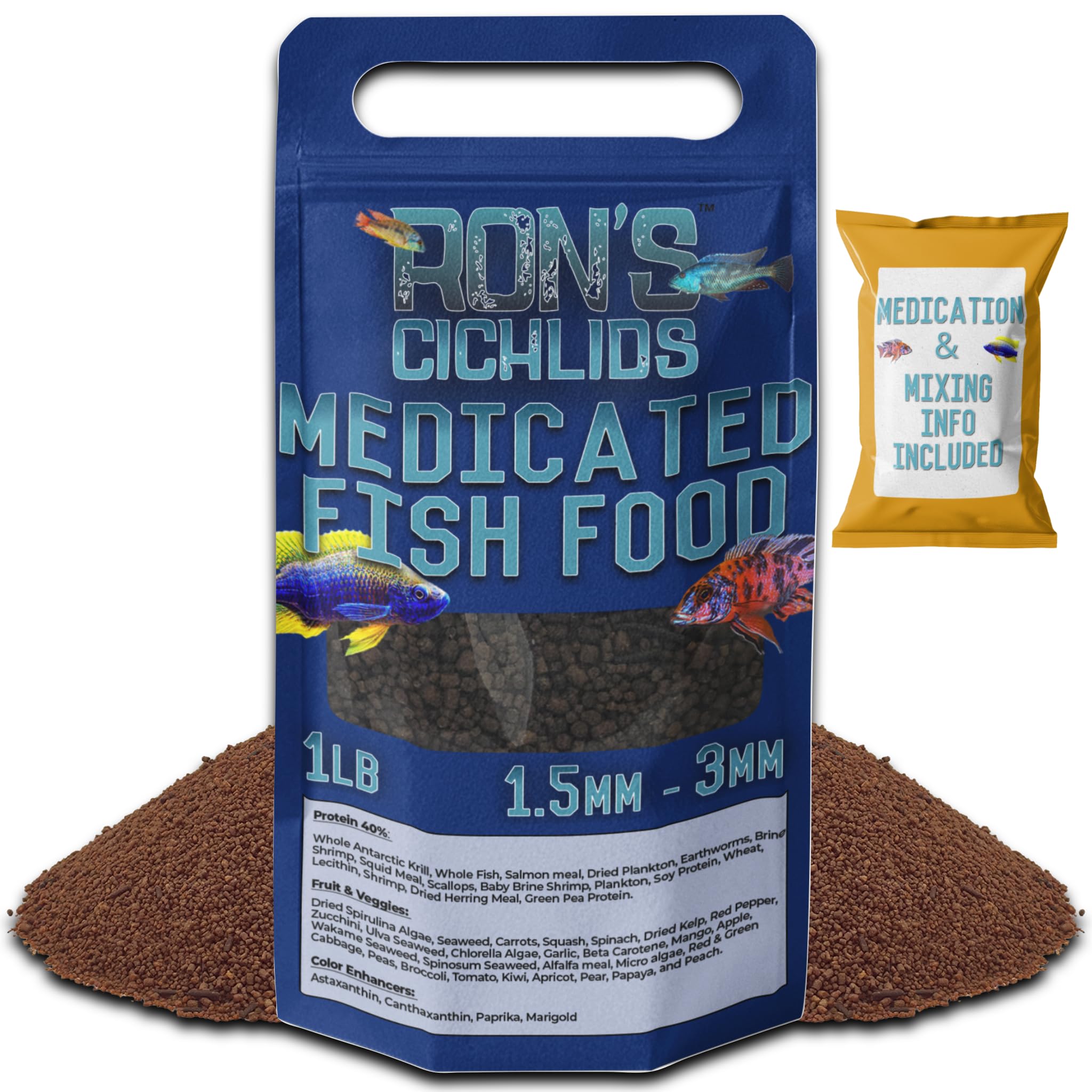 RON'S CICHLIDS granules medicamenteux pour cichlides, flacon visible, ingestion contrôlée.