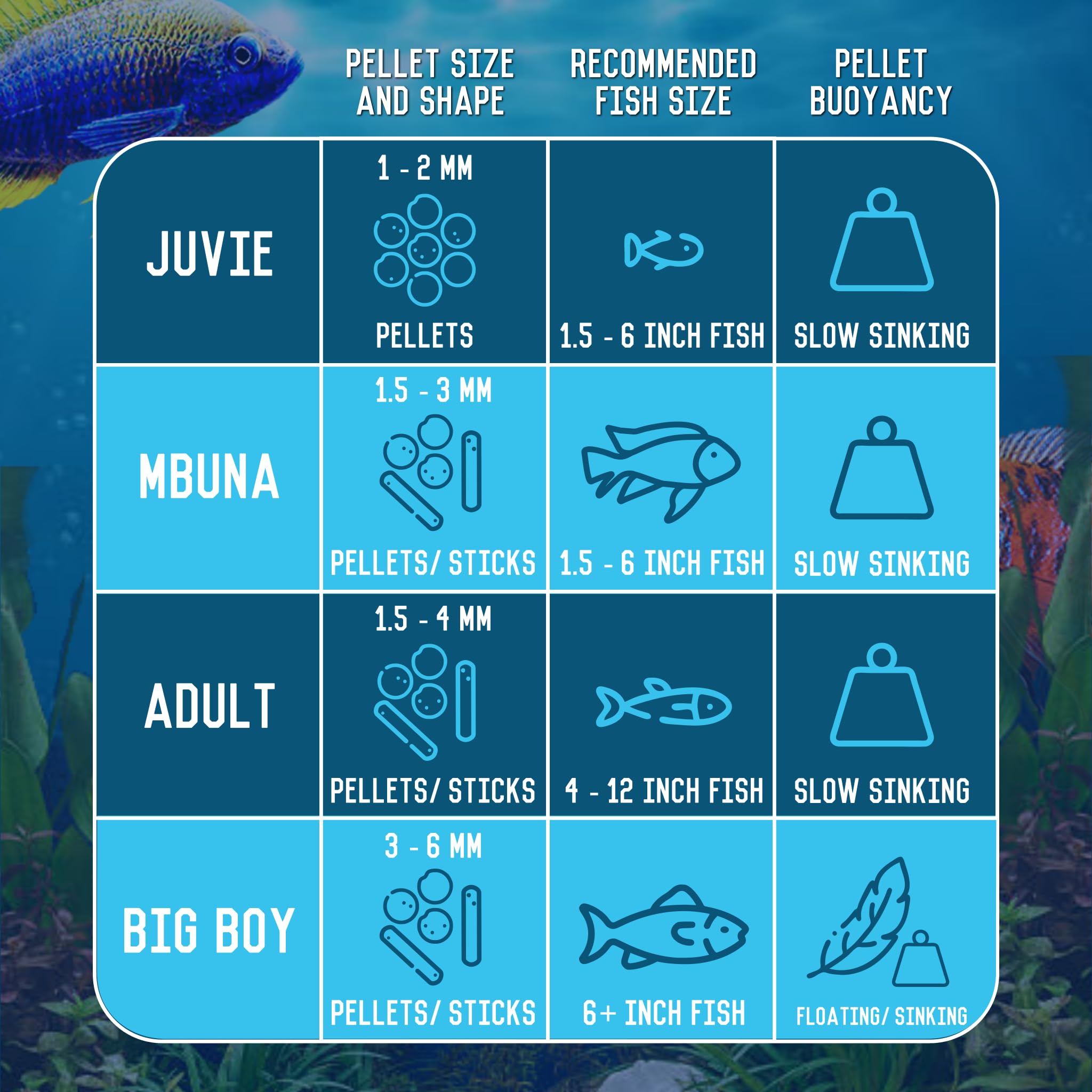 RON'S CICHLIDS Mbuna Blend Pellets protéines de haute qualité soutenant la croissance.
