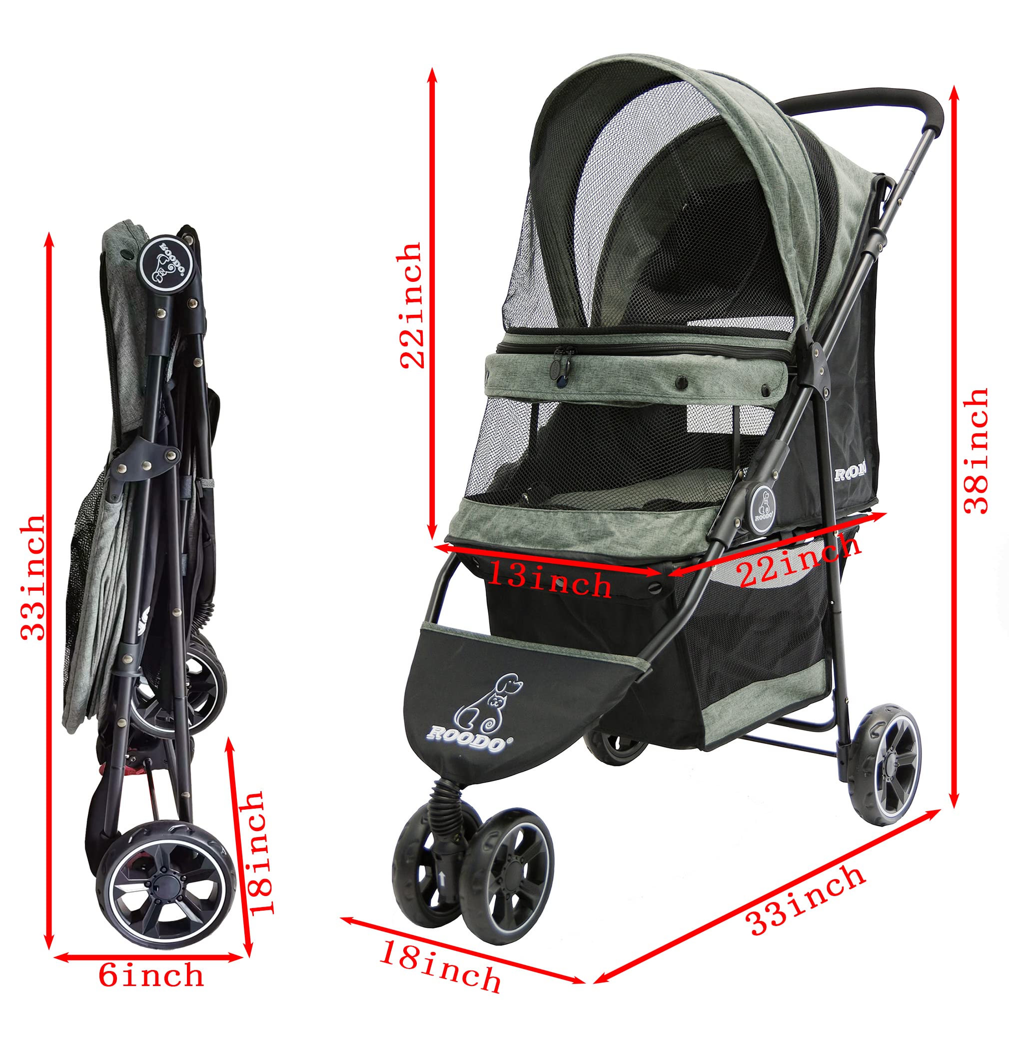 ROODO Poussette 3 roues, réseau respirant pour un repos frais et confortable.