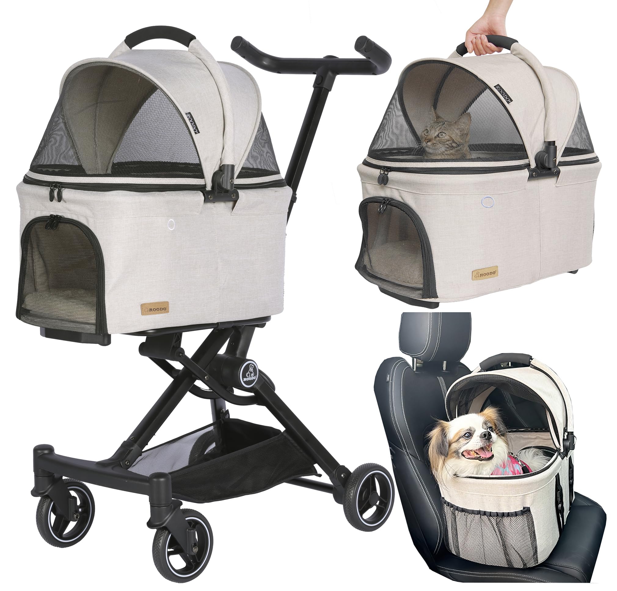 ROODO Poussette 3-en-1 pour animaux, confort et liberté lors des promenades.