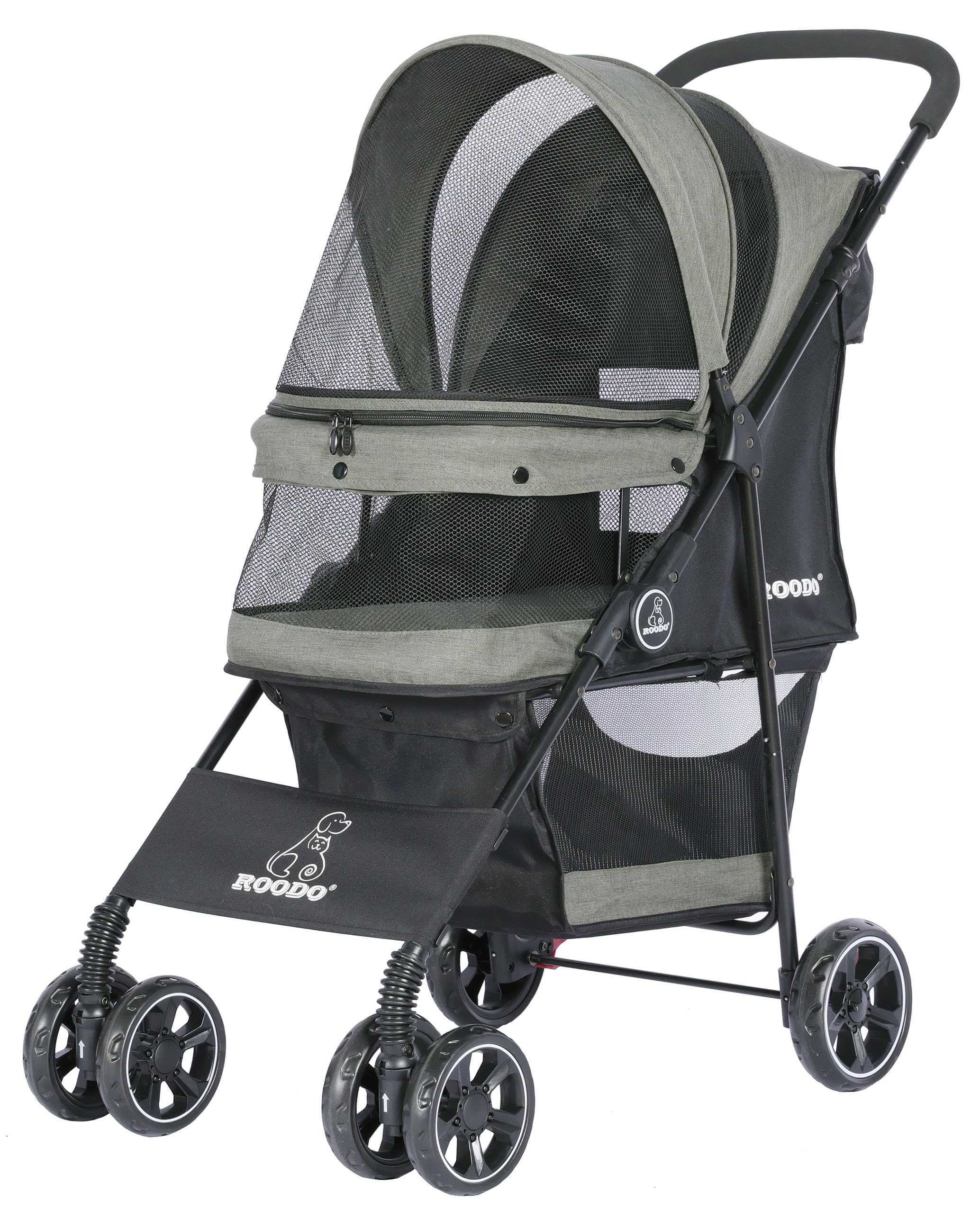 Poussette ROODO 4 roues avec avant 360°, balades fluides pour chien et chat.