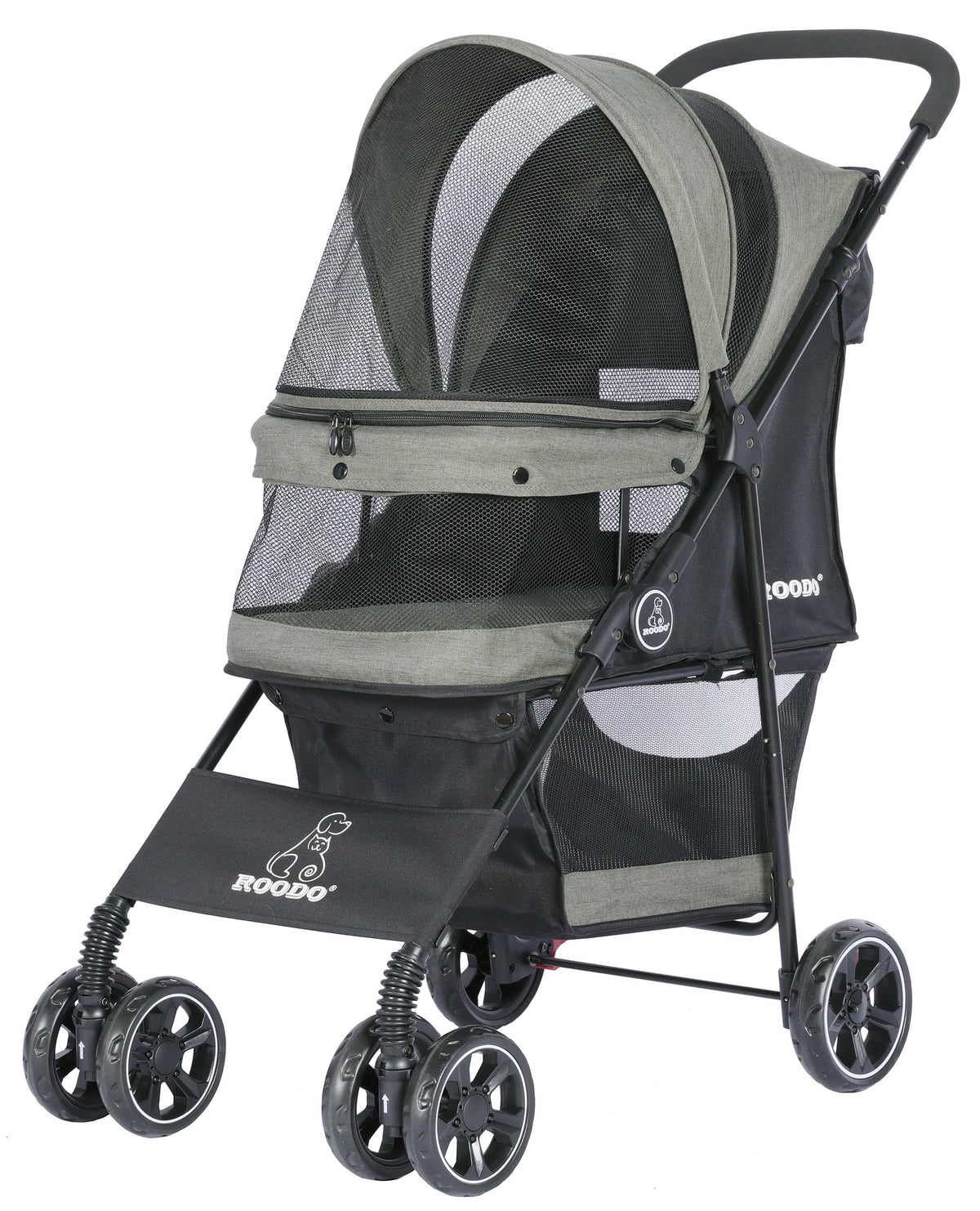 Poussette ROODO 4 roues avec avant 360°, balades fluides pour chien et chat.