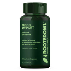 Rooted Owl Blood Support — bouteille montrant le produit, soutien immunitaire et récupération pour chiens et chats.