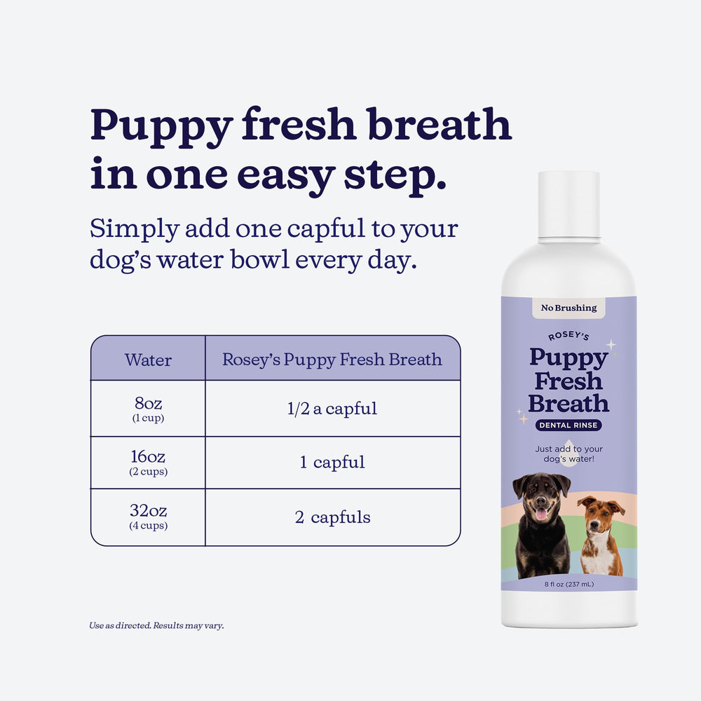 ROSEY'S PUPPY FRESH BREATH - formule naturelle, soin convivial pour chiens.