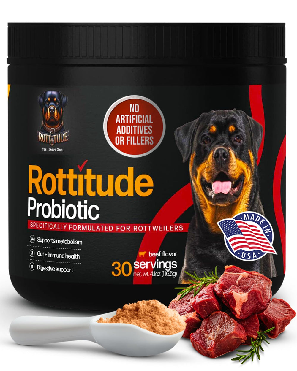 Rottitude Probiotiques pour chiens, bouteille montrée, soutien digestif naturel.