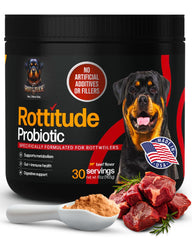 Rottitude Probiotiques pour chiens, bouteille montrée, soutien digestif naturel.