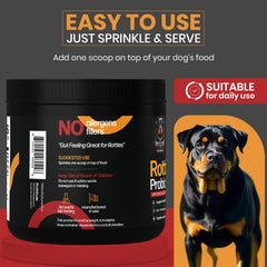 Rottitude Probiotiques pour chiens, dose versée dans la gamelle, utilisation facile.