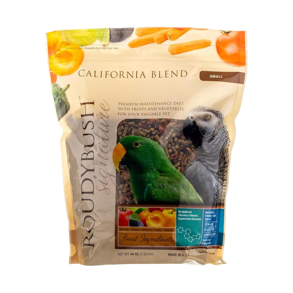 Roudybush California Blend, emballage visible, alimentation équilibrée pour oiseaux domestiques.